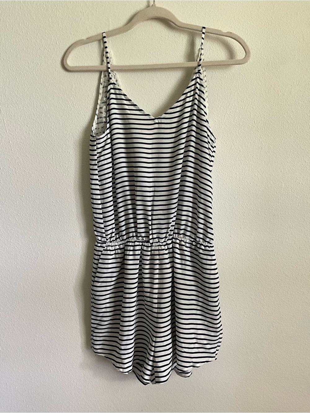 Dani Striped Navy & White Spaghetti-Strap Romper Small Beach